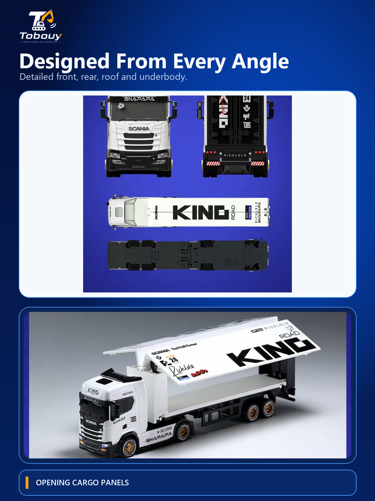 Scania car carrier truck from multiple angles with opening cargo panel