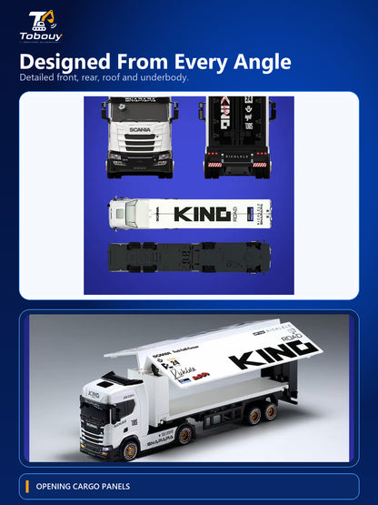Scania car carrier truck from multiple angles with opening cargo panel