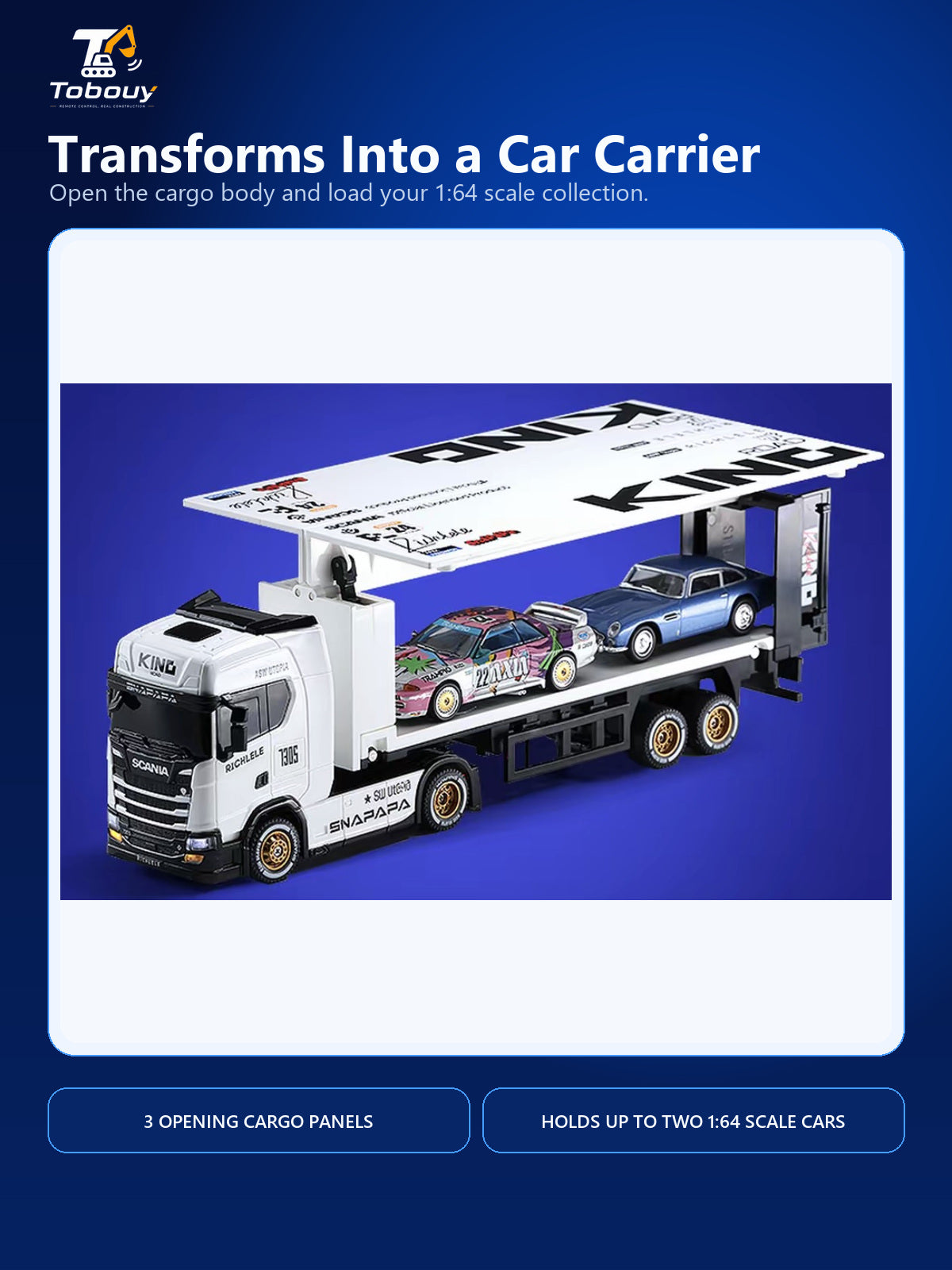Opening cargo body carrying two 1:64 scale model cars