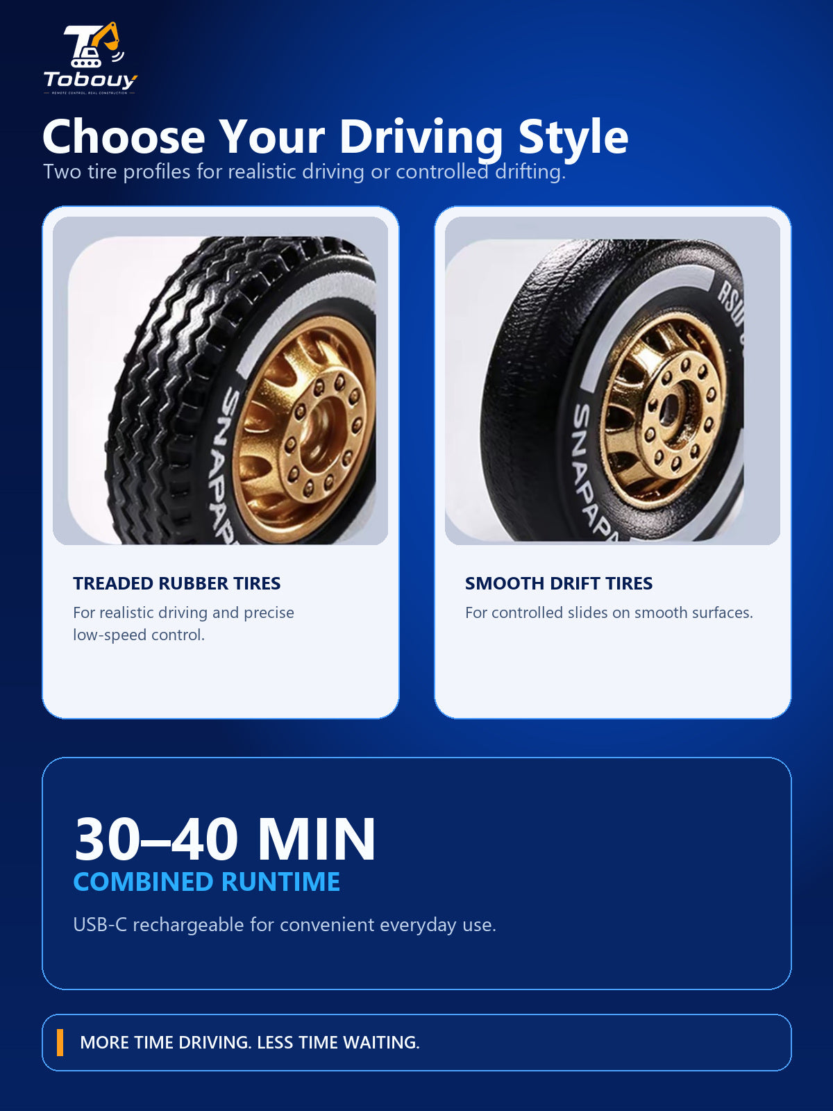 Treaded and drift tires with advertised 30 to 40 minute combined runtime